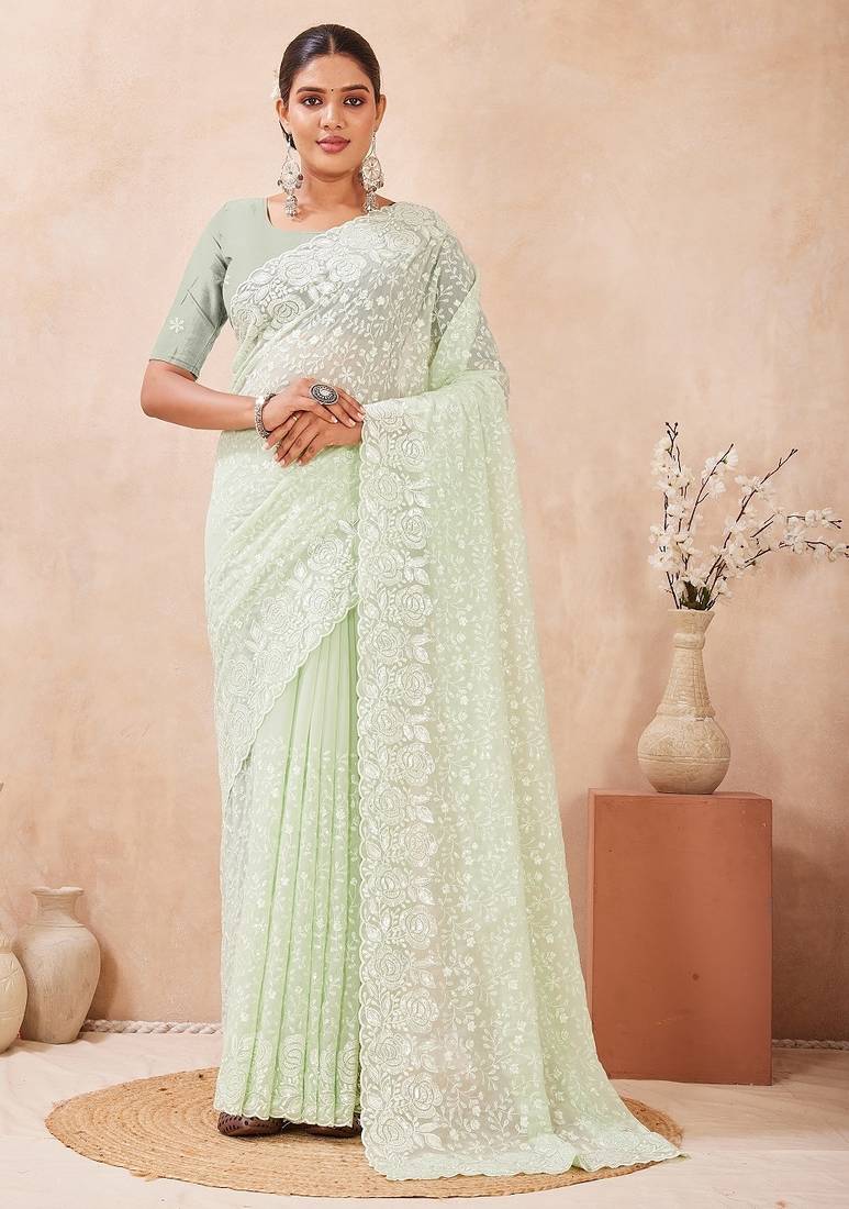 Dusty pista color resham & sequins work georgette saree