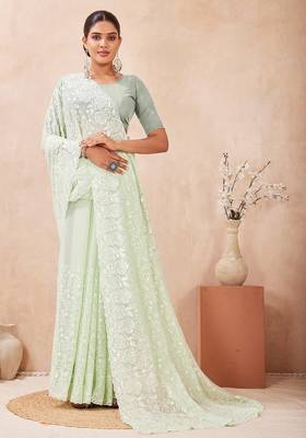 Dusty pista color resham & sequins work georgette saree 2