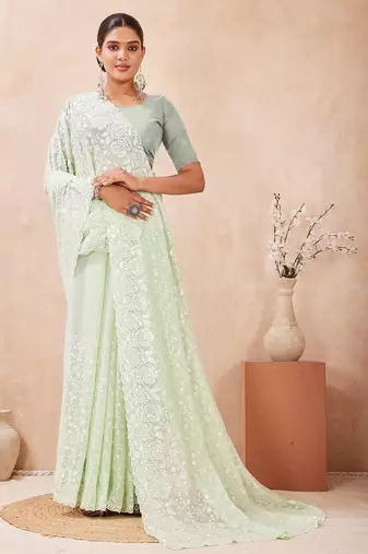 Dusty pista color resham & sequins work georgette saree