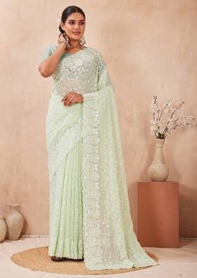Dusty pista color resham & sequins work georgette saree 3