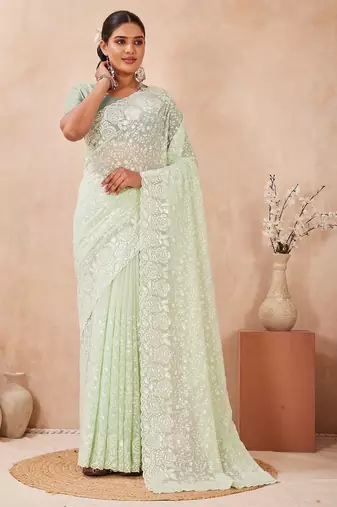 Dusty pista color resham & sequins work georgette saree