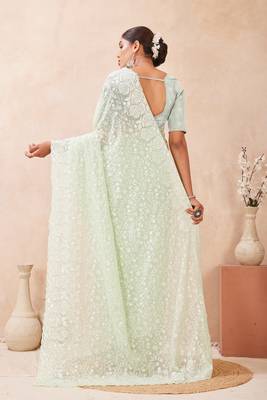 Dusty pista color resham & sequins work georgette saree 4