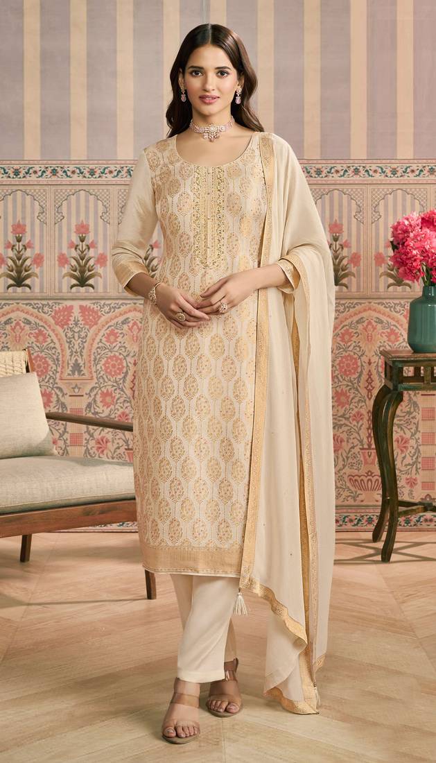 White embroidered viscose semi-stitched pakistani salwar suit