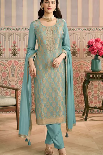 Sky embroidered viscose semi-stitched pakistani salwar suit