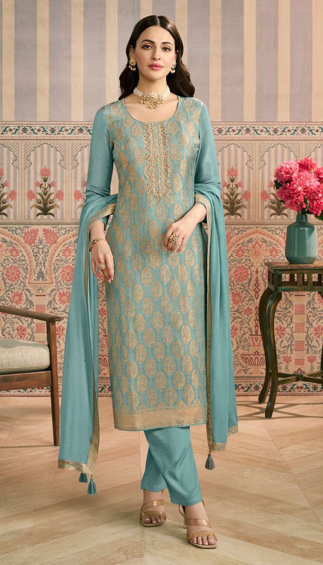 Sky embroidered viscose semi-stitched pakistani salwar suit