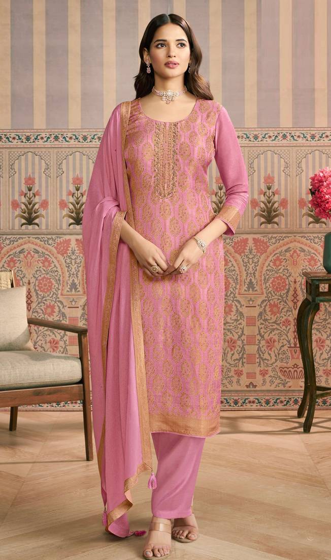 Pink embroidered viscose semi-stitched pakistani salwar suit