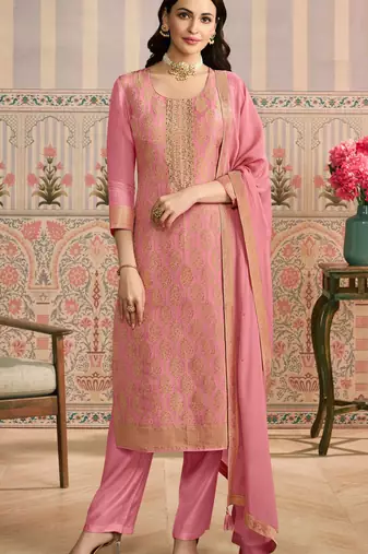 Peach embroidered viscose semi-stitched pakistani salwar suit
