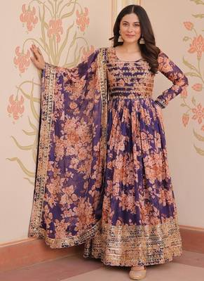 Purple russian silk floral digital print with embroidered sequins anarkali suit festive wear 1