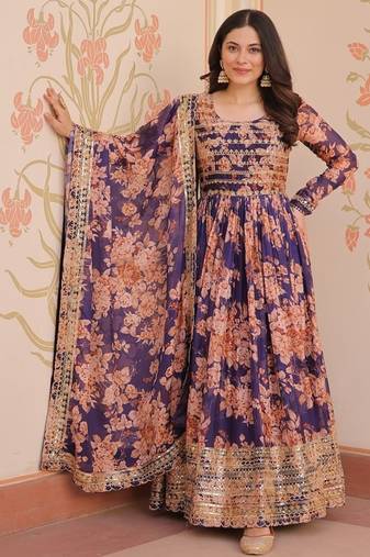 Purple russian silk floral digital print with embroidered sequins anarkali suit festive wear