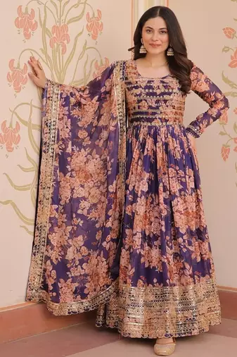 Purple russian silk floral digital print with embroidered sequins anarkali suit festive wear