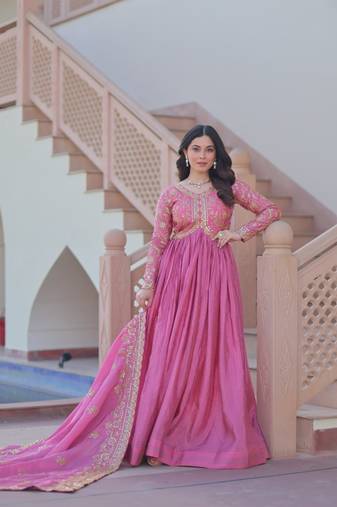 Pink gold crush fabric embroidered gown set with matching dupatta     sequins & multi thread work