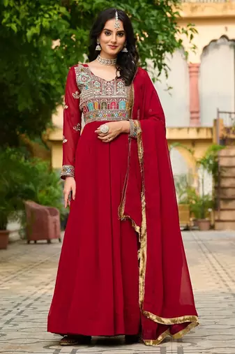 Red embroidered faux blooming anarkali gown set with sequin & multi-thread work dupatta included