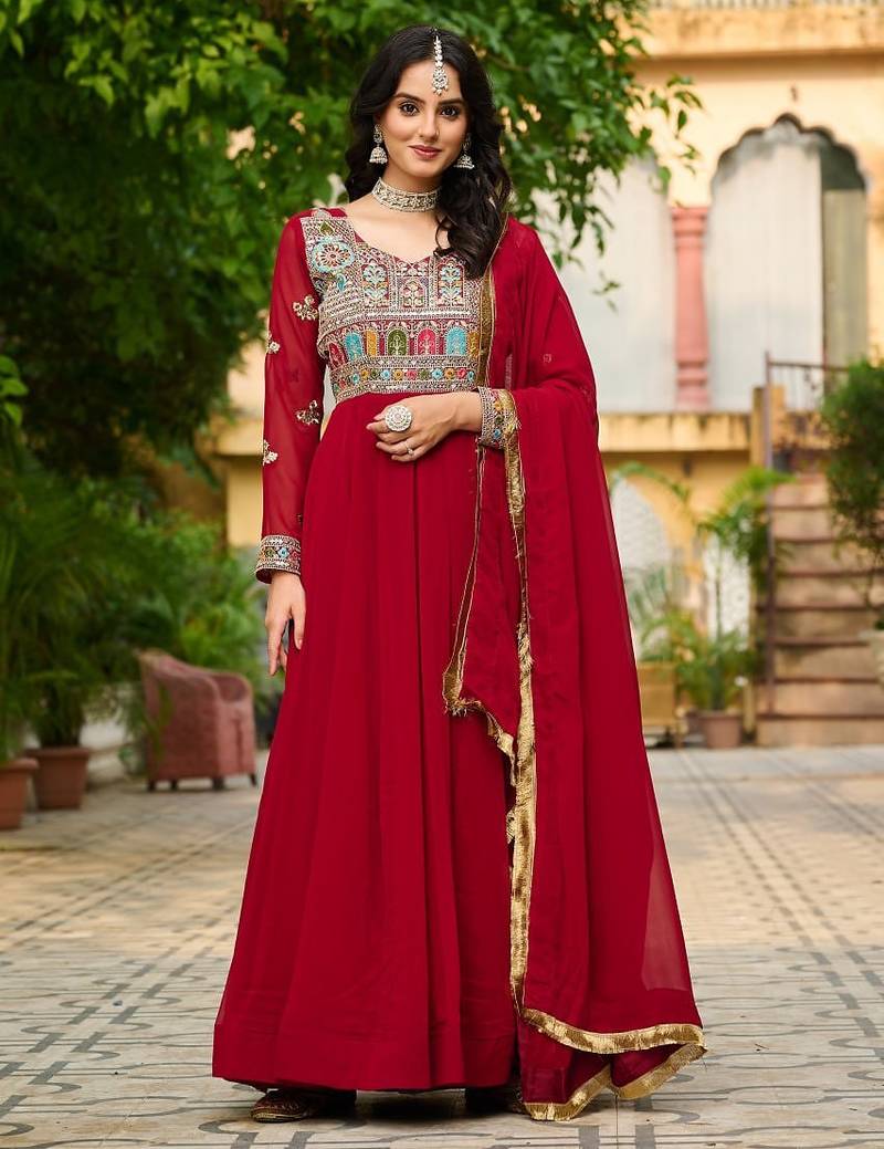 Red embroidered faux blooming anarkali gown set with sequin & multi-thread work dupatta included