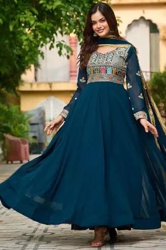 Blue embroidered faux blooming anarkali gown set with sequin & multi-thread work v-neck full sleeves dupatta included