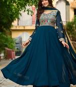Blue embroidered faux blooming anarkali gown set with sequin & multi-thread work v-neck full sleeves dupatta included