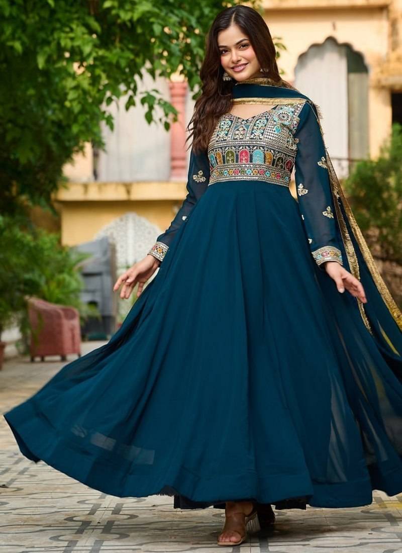 Blue embroidered faux blooming anarkali gown set with sequin & multi-thread work v-neck full sleeves dupatta included