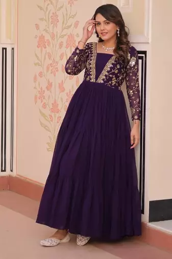 Purple faux blooming embroidered sequins zari work gown