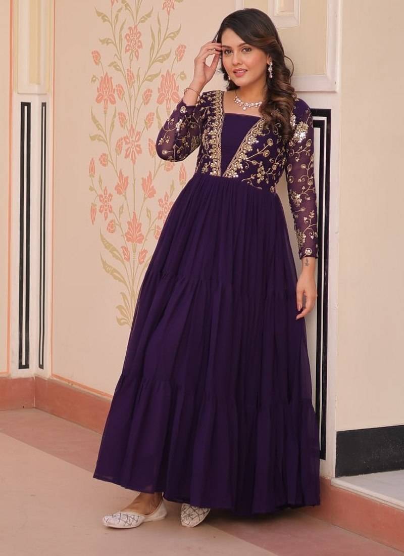 Purple faux blooming embroidered sequins zari work gown