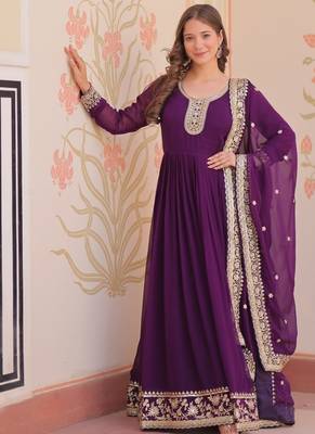 Purple designer faux georgette gown with zari & sequins embroidery and embroidered dupatta     luxury ethnic set 1