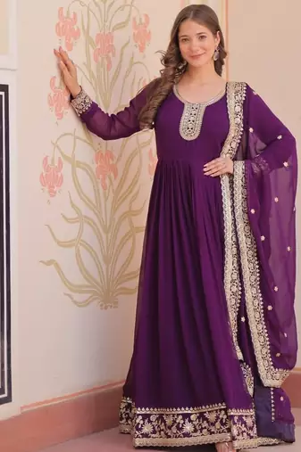 Purple designer faux georgette gown with zari & sequins embroidery and embroidered dupatta     luxury ethnic set
