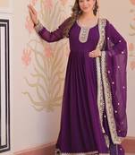Purple designer faux georgette gown with zari & sequins embroidery and embroidered dupatta     luxury ethnic set