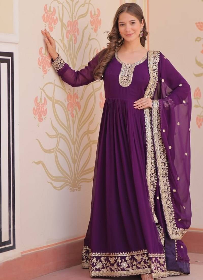Purple designer faux georgette gown with zari & sequins embroidery and embroidered dupatta     luxury ethnic set