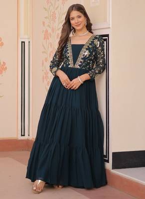 Teal green faux blooming embroidered sequins zari work gown 1