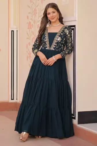 Teal green faux blooming embroidered sequins zari work gown