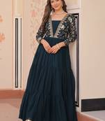Teal green faux blooming embroidered sequins zari work gown