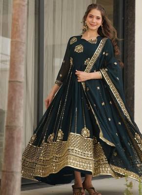 Emerald green georgette zari and sequins embroidered gown with dupatta 1