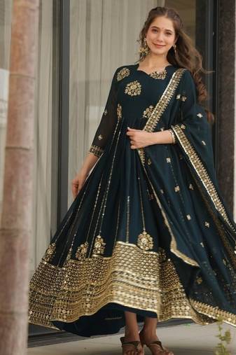 Emerald green georgette zari and sequins embroidered gown with dupatta