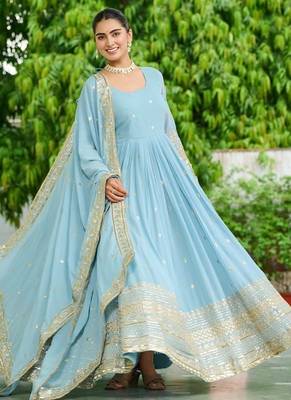 Sky blue designer dusty-tone faux georgette gown with embroidery & sequins dupatta 1