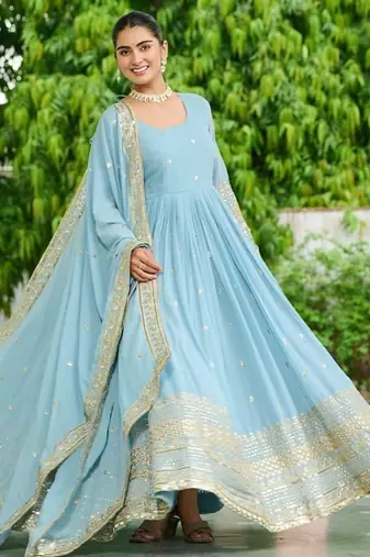 Sky blue designer dusty-tone faux georgette gown with embroidery & sequins dupatta