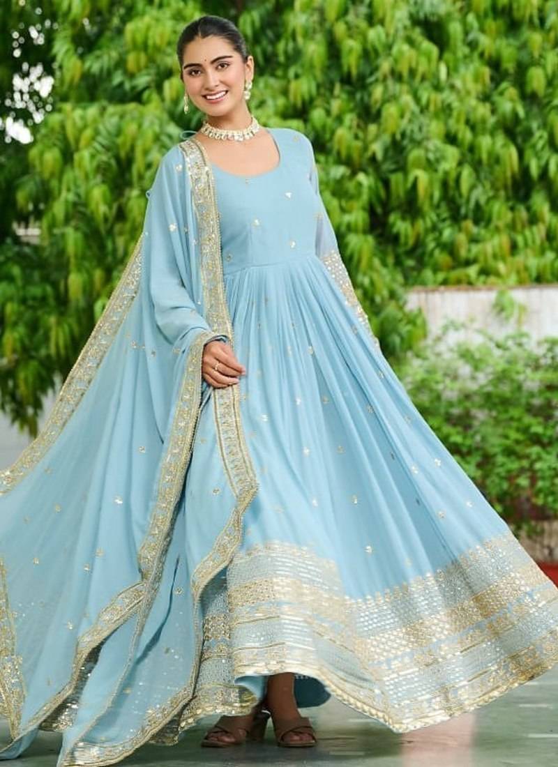 Sky blue designer dusty-tone faux georgette gown with embroidery & sequins dupatta