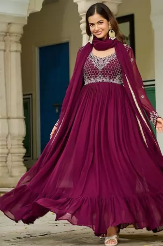 Embroidered readymade wine faux blooming anarkali gown with dupatta