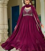 Embroidered readymade wine faux blooming anarkali gown with dupatta