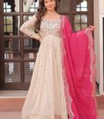 Off-white jacquard gown with pink dupatta