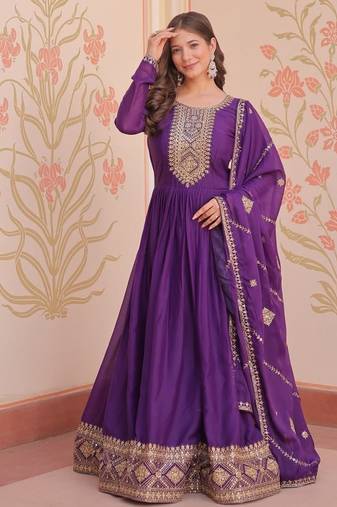Purple star georgette zari sequins embroidered gown with dupatta