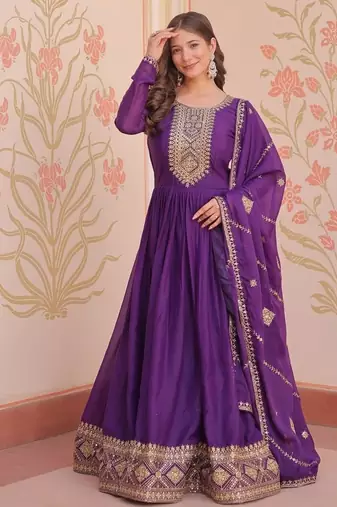 Purple star georgette zari sequins embroidered gown with dupatta