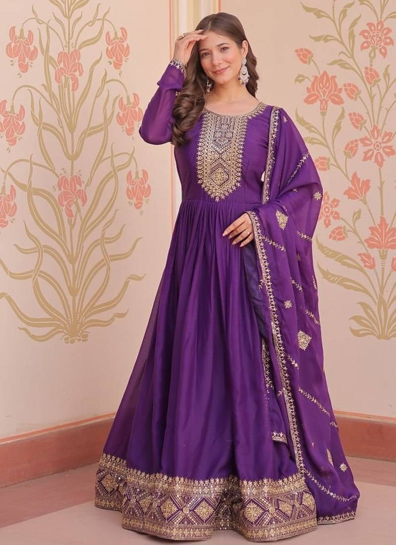 Purple star georgette zari sequins embroidered gown with dupatta