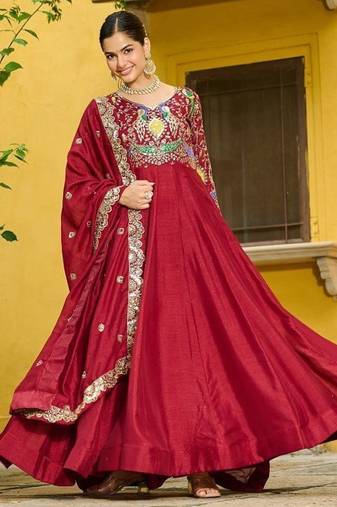 Red vichitra fabric gown with multi-thread & zari embroidery     12 kali stitch, full sleeves