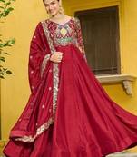 Red vichitra fabric gown with multi-thread & zari embroidery     12 kali stitch, full sleeves