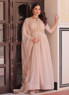 Cream star georgette beads sequins embroidery gown with dupatta 1