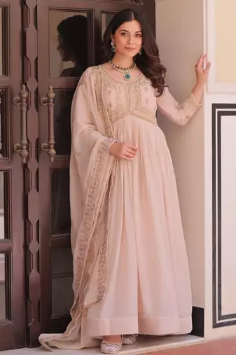 Cream star georgette beads sequins embroidery gown with dupatta