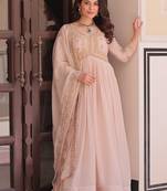 Cream star georgette beads sequins embroidery gown with dupatta