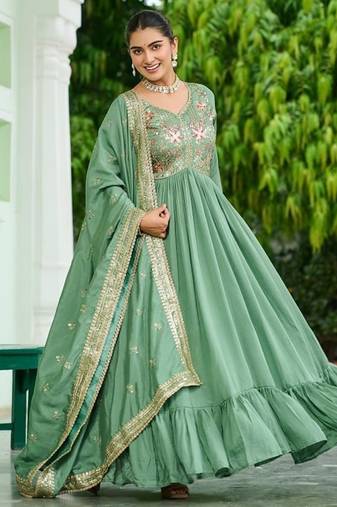 Pista green vichitra silk embroidered sequins anarkali suit festive wear