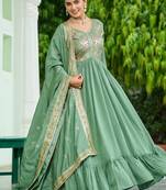 Pista green vichitra silk embroidered sequins anarkali suit festive wear