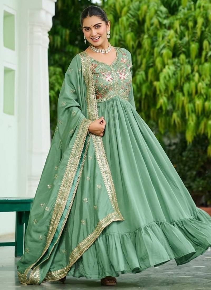 Pista green vichitra silk embroidered sequins anarkali suit festive wear