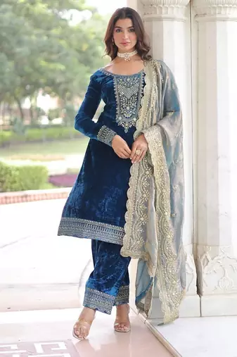 Eilara wedding special velvet with rich sequins embrodered kurti pant with fendy dupatta