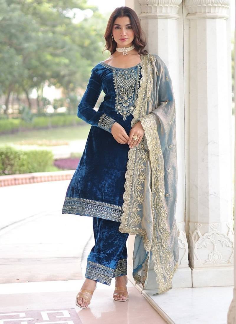 Eilara wedding special velvet with rich sequins embrodered kurti pant with fendy dupatta